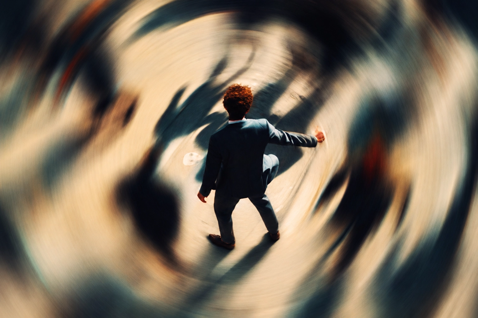 Seen from above, a man in a suit stands at the still center of a blurred swirl of people rushing around him.