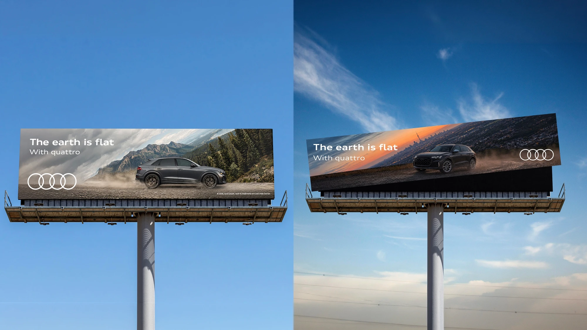 Two Audi billboards against a blue sky, each reading &ldquo;The earth is flat. With quattro.&rdquo; On the left, an Audi drives across a mountain landscape bent flat; on the right, the billboard itself is tilted, with the city skyline sloping behind the car.