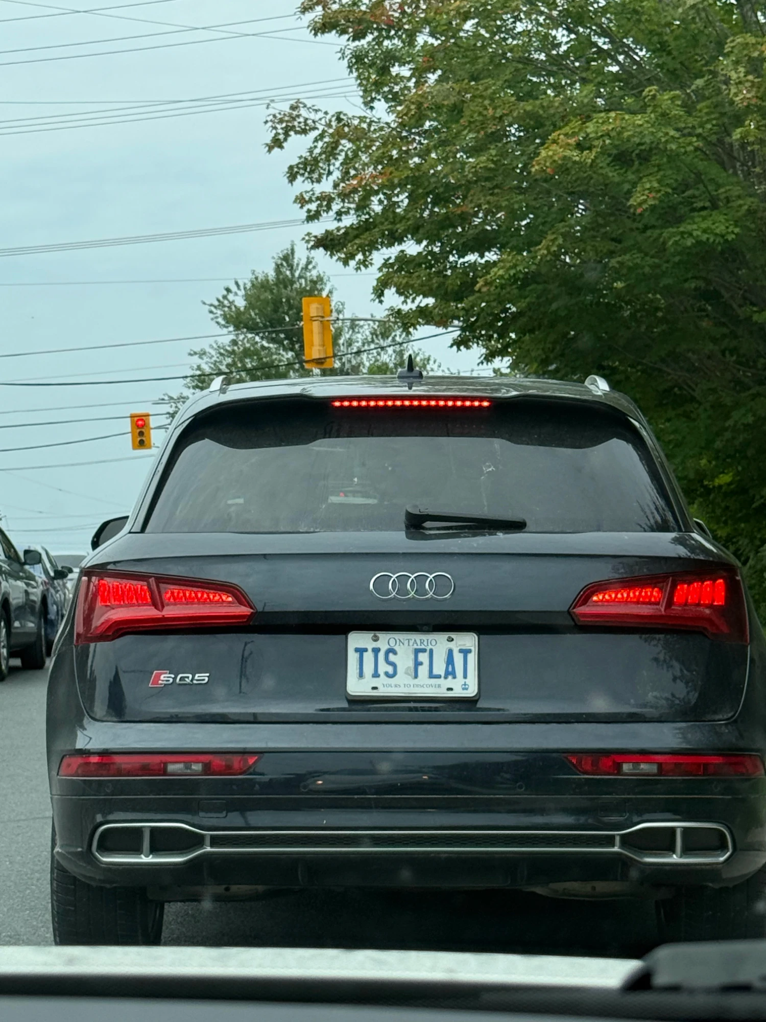 The back of a dark Audi SQ5 in traffic, its Ontario license plate reading &ldquo;TIS FLAT&rdquo;.