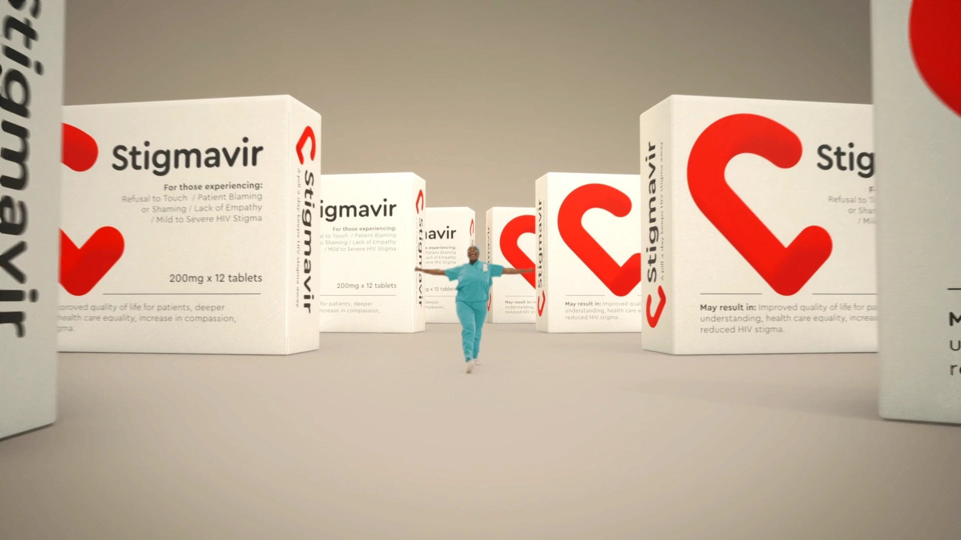 A nurse in scrubs dances through a set of giant Stigmavir medicine boxes.