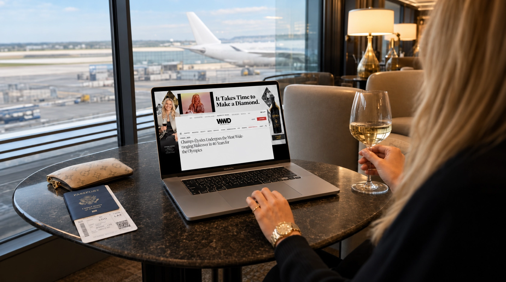 In an airport lounge, a woman with a glass of white wine reads WWD on a laptop, framed by a Coppola takeover reading &ldquo;It Takes Time to Make a Diamond.&rdquo;