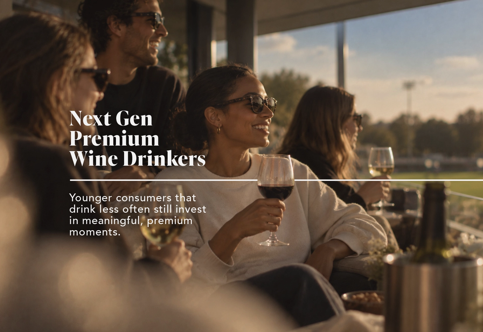 &ldquo;Next Gen Premium Wine Drinkers. Younger consumers that drink less often still invest in meaningful, premium moments.&rdquo; Set over a smiling woman in sunglasses holding a glass of red wine among friends.
