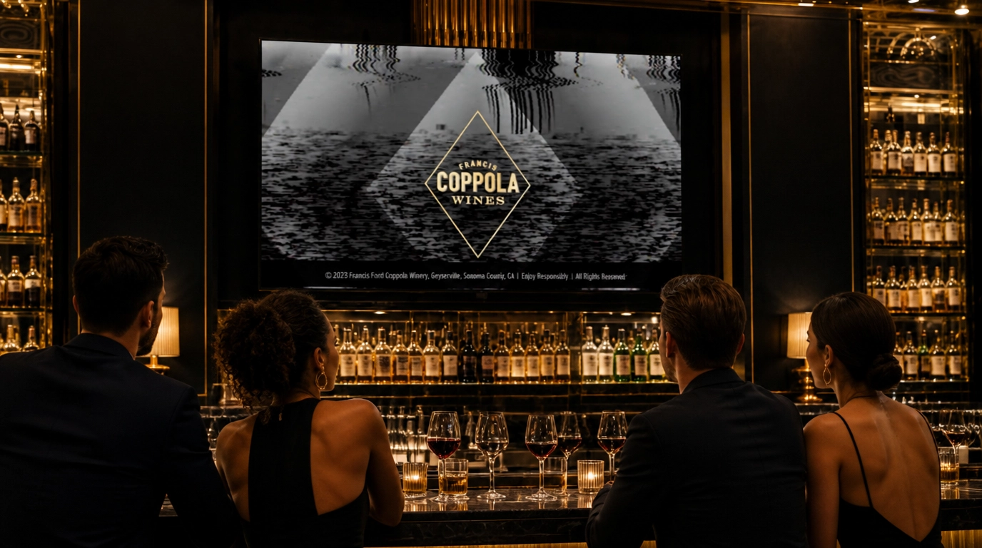 Four people at a dark, gold-lit bar watch a Francis Coppola Wines spot on a large screen above the bottles.