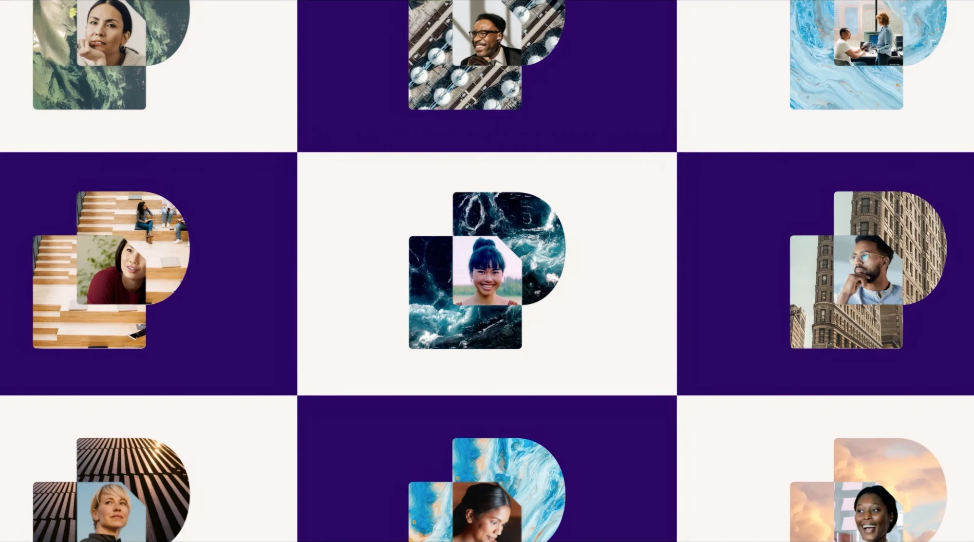 A grid of purple and off-white panels, each with a portrait set into the Docusign mark and filled with a texture: ocean, marble, city buildings, clouds.