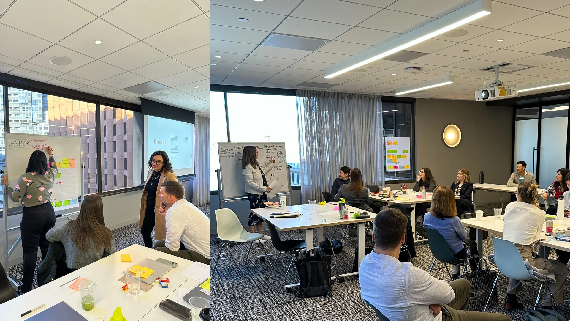Two photos from the workshop: a facilitator writes &ldquo;HERO&rdquo; and &ldquo;Docusign&rdquo; on a whiteboard of sticky notes, and a presenter talks through a whiteboard to a room of seated leaders.