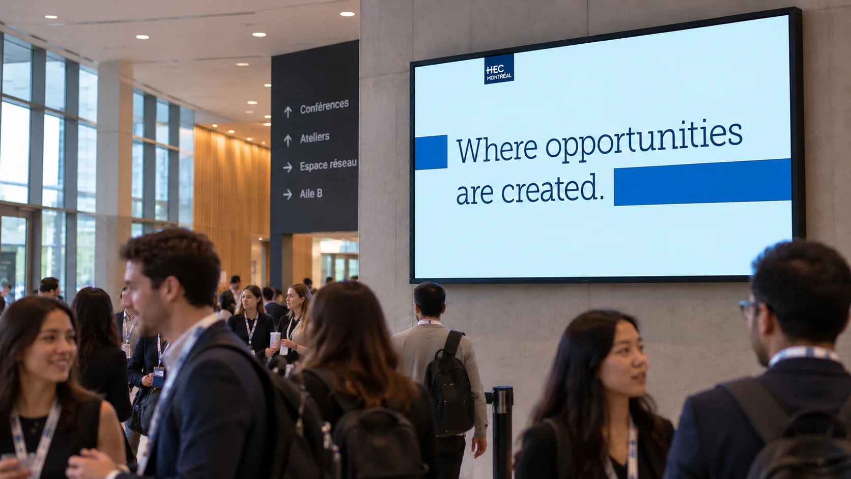Students with lanyards mingle in a conference hall beneath a screen showing the HEC Montr&eacute;al positioning, &ldquo;Where opportunities are created.&rdquo;
