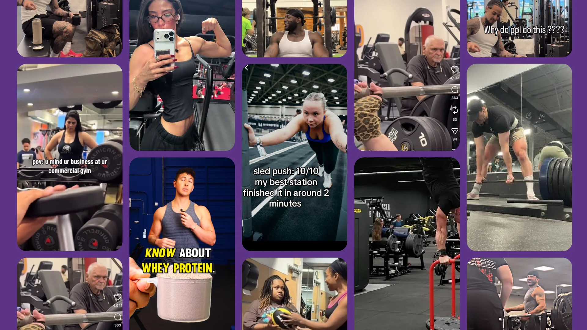A wall of gym social posts on a purple background: flexing selfies, heavy lifts and captions like &ldquo;pov: u mind ur business at ur commercial gym&rdquo;, &ldquo;sled push: 10/10&rdquo; and &ldquo;Know about whey protein.&rdquo;