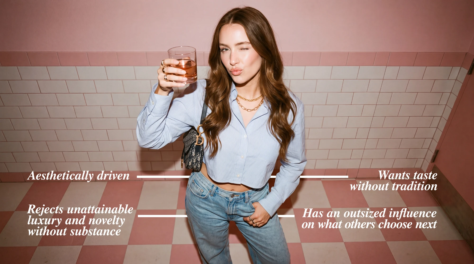 A woman in a striped shirt winks and raises a glass of ros&eacute;, labeled with four audience traits: aesthetically driven; wants taste without tradition; rejects unattainable luxury and novelty without substance; has an outsized influence on what others choose next.