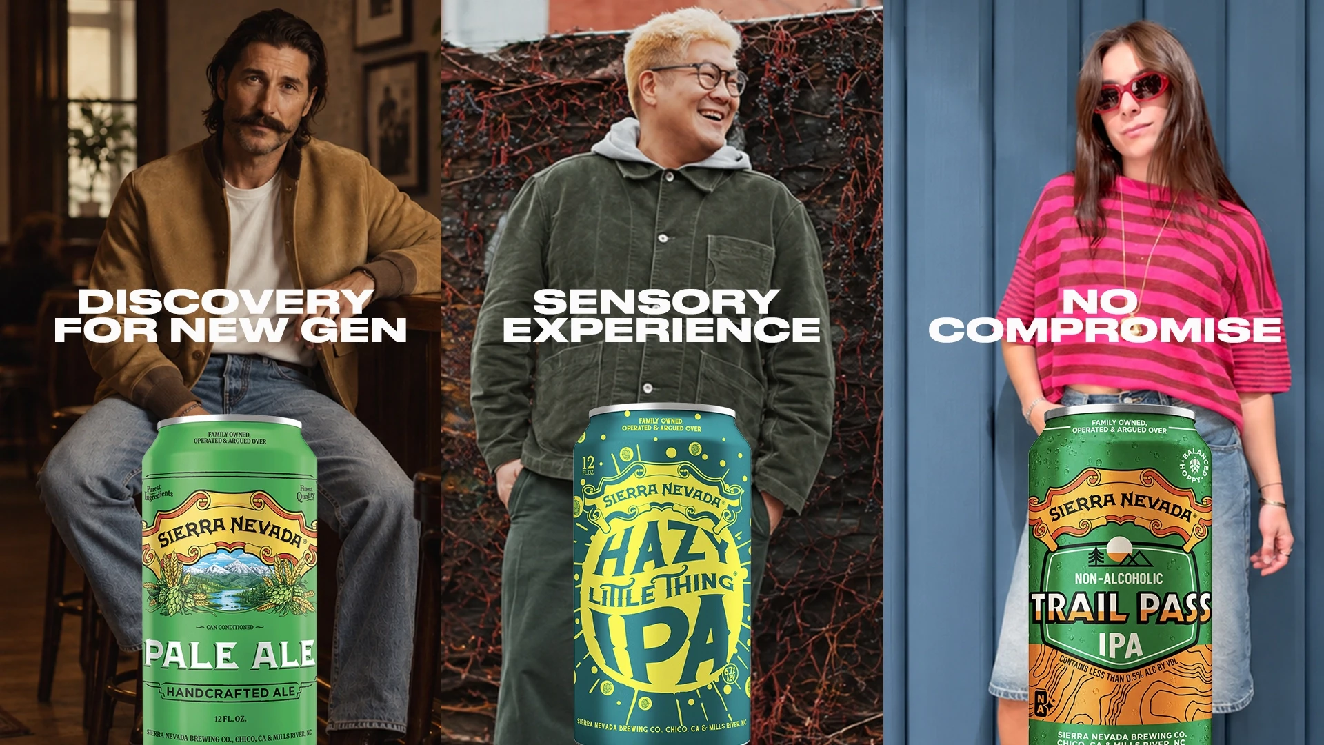 Three drinkers, one per product. A man with a moustache on a bar stool behind a Pale Ale can, captioned &ldquo;Discovery for new gen&rdquo;. A smiling man in glasses behind a Hazy Little Thing IPA can, captioned &ldquo;Sensory experience&rdquo;. A woman in red sunglasses behind a non-alcoholic Trail Pass IPA can, captioned &ldquo;No compromise&rdquo;.