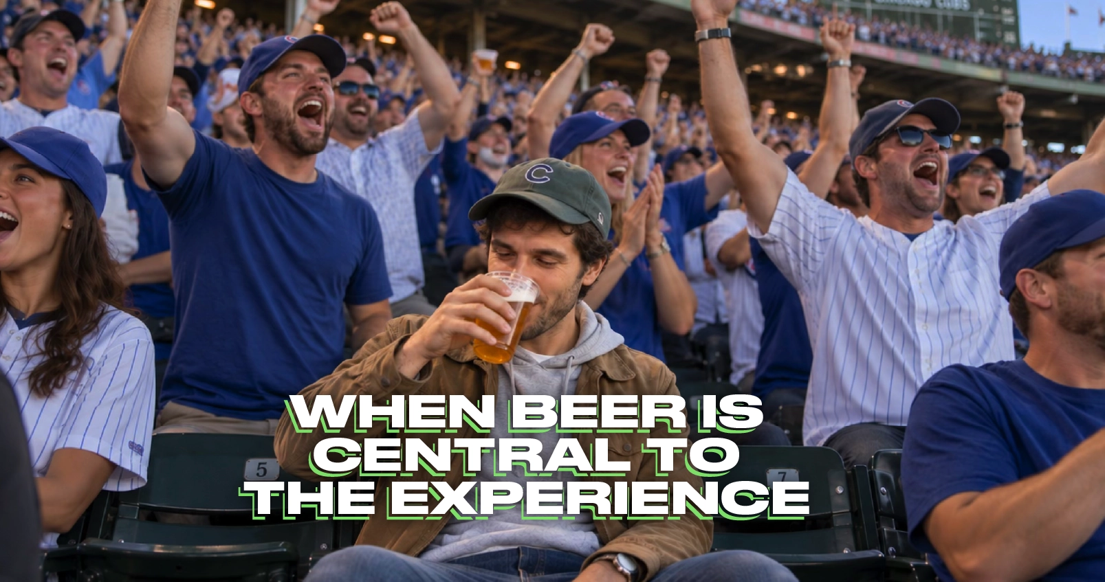&ldquo;When beer is central to the experience&rdquo; over a Cubs fan in a green cap sipping a beer as the crowd around him cheers.