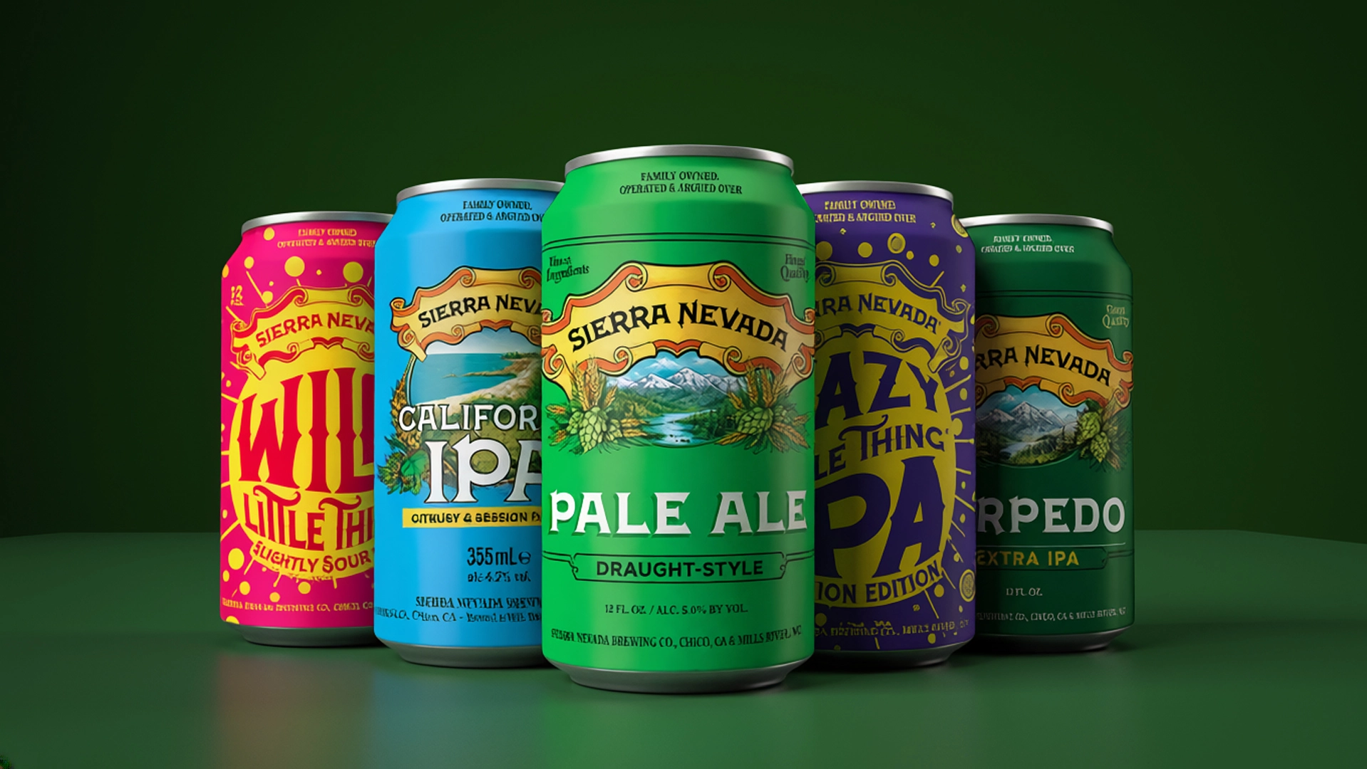 Five Sierra Nevada cans lined up on a green surface: Wild Little Thing, California IPA, Pale Ale in the center, Hazy Little Thing and Torpedo Extra IPA.