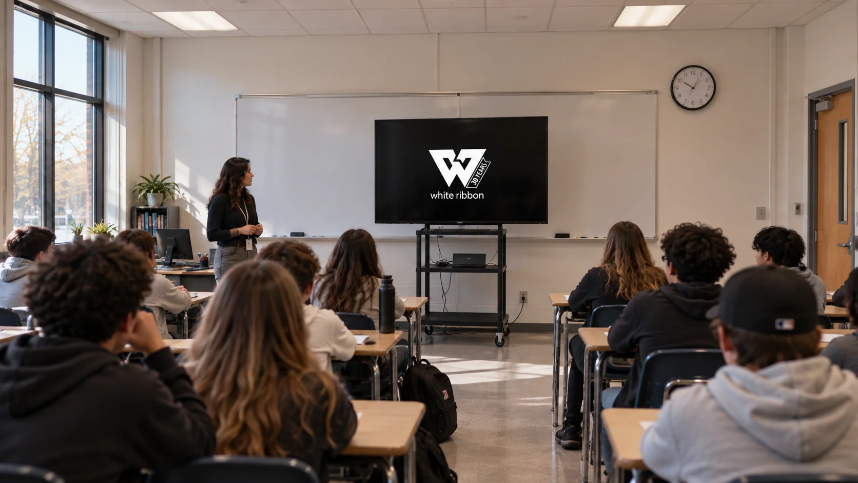 A teacher stands beside a screen showing the White Ribbon logo and &ldquo;30 years&rdquo; at the front of a classroom of students.